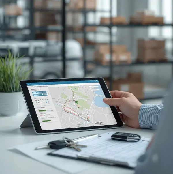 dispatch manager in a small office reviewing a route map