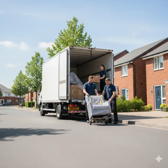 movers in plain uniforms handling wrapped furniture